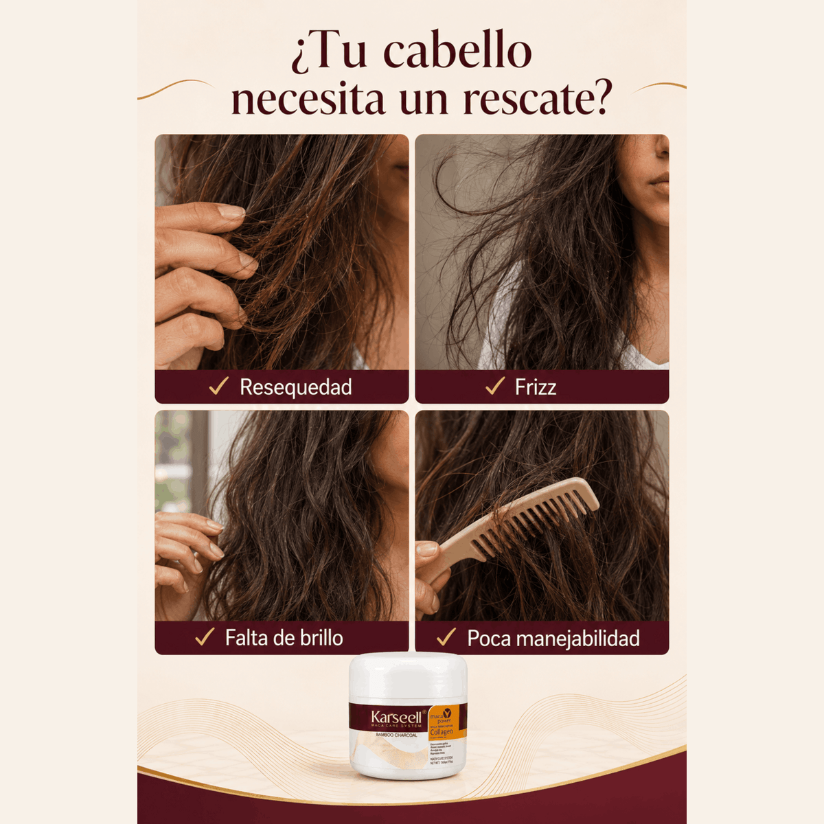Karseell™ Mascarilla Capilar con Colágeno | Hidratación, Brillo y Control del Frizz